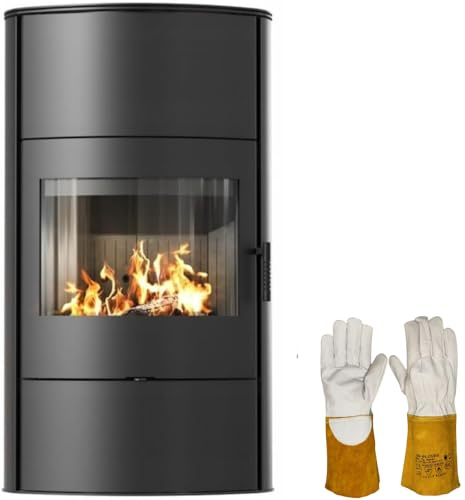 KRATKI Kamineinsatz Rollo schwarz Holzofen 8kW | Aus Stahl, hitzebeständig. Panoramaverglasung, hitzebeständige Handschuhe inklusive