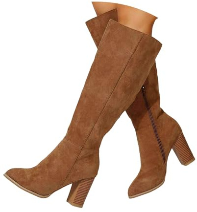 Xbemkste Stivali larghi da donna Slouchy con tacco a gambo lungo, stivali alti da cowboy, stivali da donna in pelle scamosciata, marrone, 40.5 EU