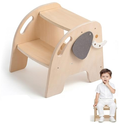 Sgabello in legno per bambini a 2 gradini, capacità di carico 80 kg, con poggiapiedi antiscivolo, grazioso sgabello a forma di elefante per bambini, per bagno, cucina, cameretta, sgabello per WC