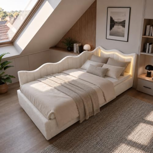 Kinderbett Polsterbett 90x200cm Polsterbett Schlafsofa, Einzelbett Tagesbett mit Hydraulischer Stauraum, jugendbett 90x200 mit LED, Gästebett, Ohne Matratze, weiß