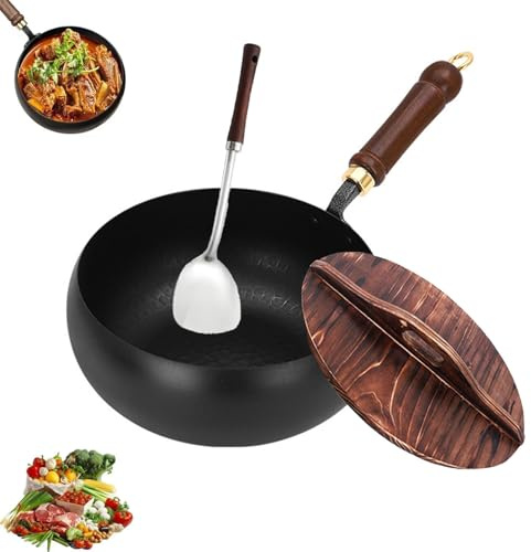 Poêle en fonte Jinswhdre, poêle japonaise en fonte forgée à la main avec couvercle, wok antiadhésif non revêtu pour la cuisson et la friture, poêle en fontes durable pour la cuisine (D, 28CM)