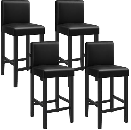 WOLTU Barhocker 4er Set, mit Lehne, Massivholz+Kunstleder, Schwarz | Barstuhl mit Fußstütze, Bistrostuhl, Antirutschgummi, Dick gepolsterte Sitzfläche, Hocker für Küche Bar