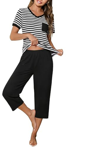 Crewhpo Ensemble Pyjama Femme Col V Manches Courtes Pantacourt Rayé | Tissu Doux Et Respirant, Ceinture Élastiquée Sans Lien, Poches Pratiques, Idéal pour la Maison
