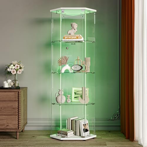 Glashörnmontrar, display på stativ av LED-glas, 4 hyllor 1 dörrar, skåp vitrin glas lås glasskåp femhörn vitriner för vardagsrum 162 x 60 x 35 cm (D,vit-5)