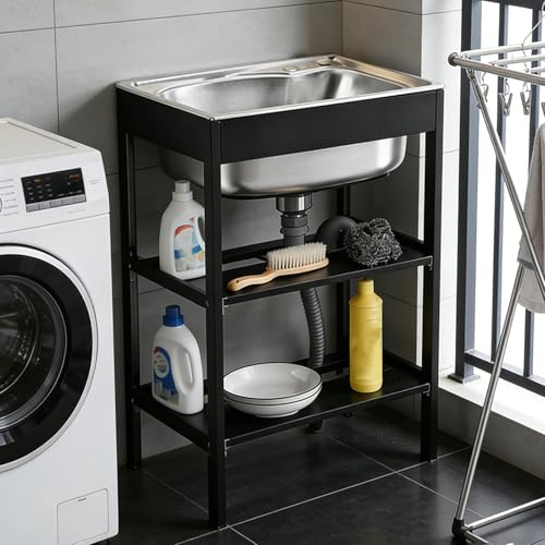 Lavandino/Vasca for lavanderia 48 * 35 * 18 cm-Lavandini for interni ed esterni in acciaio inossidabile 304 -Con staffa in alluminio nero, tubo for acqua calda e fredda(58 * 43 * 18cm)