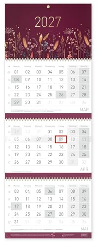 Häfft® 3-Monatskalender 2027 Wandkalender mit Schieber Velvet Flowers | Bürokalender Wandplaner mit Goldprägung, Ferien & Feiertagen für DE und Jahresübersicht