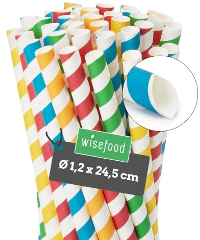 Wisefood® Paille Papier [25cm Ø12] Smoothie Milkshake Paille [Coloré] Paille Bubble Tea Slushy pour Bar Mariage Anniversaire [250 pcs.] Restaurant Pailles Carton jetables | Paille decorative Carton