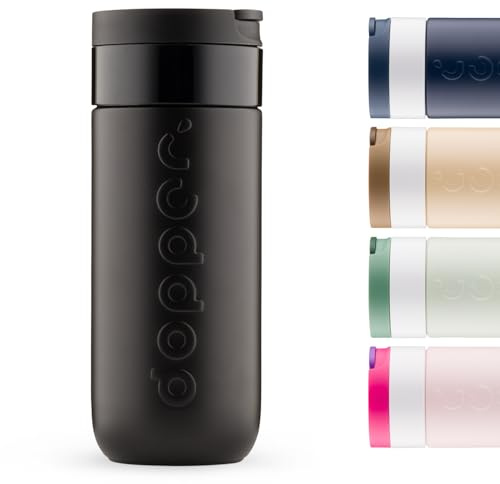 Dopper Travel Mug Thermobecher 400 ml Blazing Black - Auslaufsicherer Isolierbecher für kohlensäurehaltige Getränke, 6h warm / 20h kalt, 90% recycelter Edelstahl