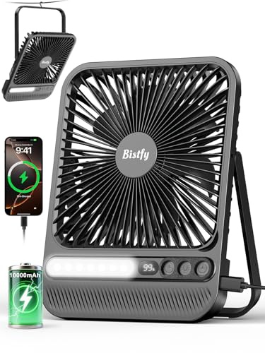 Bistfy Ventilador de Mesa Portátil 10000mAh con Lámpara, Max Durata 28H, 7.5 Ultra-Delgado Silencioso Recargable USB Camping Ventilator con Temporizador y Gancho para Dormitorio, Oficina, Viaje