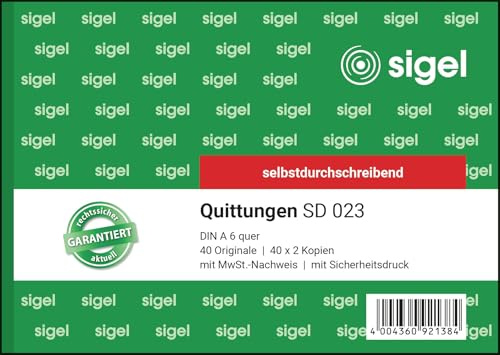 Sigel SD023 kvittationsblock A6 quer, 3 x 40 ark, självskrivande, 1 st.