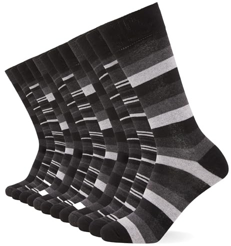 FM London confezione da 12, calzini eleganti da uomo, traspiranti, tinta unita, con motivi e neri, Nero (a righe), 39-46