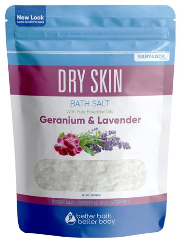 Dry Skin Bath Salt 32 Ounces (2 Lbs) Epsom Salt with Natural Geranium and Lavender Essential Oils Plus Vitamin C in BPA Free Pouch with Easy Press Lock Seal Made in USA