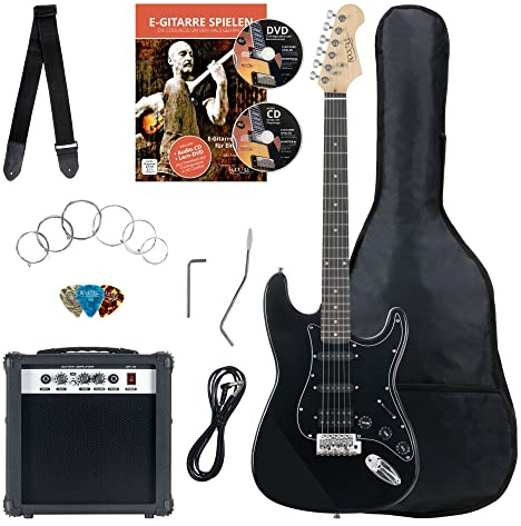 Set Completo Rocktile Banger's Power Pack Guitarra Eléctrica con Single Coil y Humbucker Pickups Negro (Amplificador, Funda, Cable, Correa, Púas, Tremolo, Cuerdas de Repuesto y Escuela con CD/DVD)