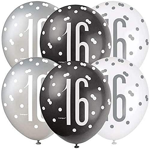 Deluxe 16th Birthday Glitz Latex Balloons - Elegant Black, Silver & White Combo - Elegant Party Decor for Age 16 Celebrations - 6 Pcs