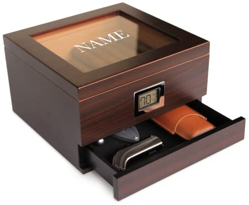 CASE ELEGANCE Humidor avec Verre Personalisé, Cave à Cigares avec Humidificateur, Hygromètre Intégré et Tiroir pour Accessoires - Grande Capacité (25-50 cigares) de, Monogrammé