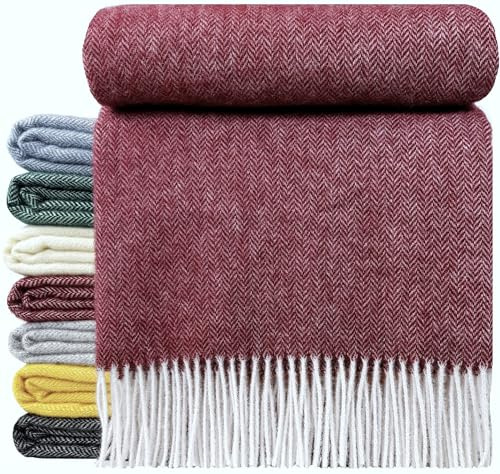 STTS International Wolldecke 100% Schurwolle Wohndecke in versch. Farben Tagesdecke Schurwolldecke Woll-Plaid 140 x 200 cm Tirol (A Dunkelrot)