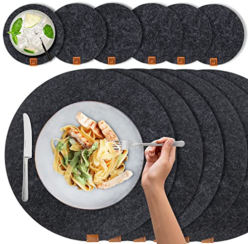 Miqio® Design Runde Tischsets aus Filz abwaschbar | Mit Marken Echtleder Label und Glasuntersetzer | 6 Platzsets 6 Untersetzer | Filzmatte Platzdeckchen waschbar