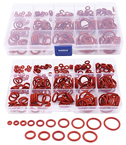 Yuhtech Silicone Kit O-Ring, 450 Pcs 15 Dimensioni Rosso Set di Guarnizioni Universali in Silicone per Tubature, Auto, Riparazione Generale
