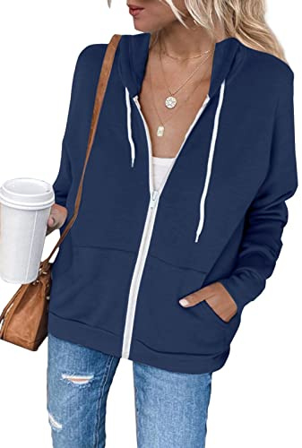 Uusollecy Sweatjacke Damen, Langarm Full Zip Hoodie Sweatshirt, Casual Loose Einfarbig Kapuzenjacke, Reissverschluss Kapuzenpullover Sweatshirt mit Kapuze Marineblau XXL