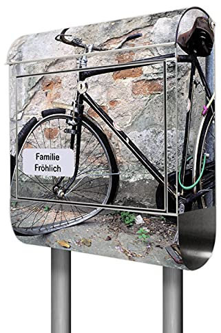 banjado® Briefkasten mit Standfuß personalisiert Motiv Nostalgie Rad - Stand Briefkasten Edelstahl mit Zeitungsfach - Postbox/Postkasten A4 Einwurf inkl. Montagematerial & 2 Schlüssel