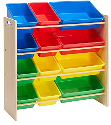 Amazon Basics Organizer per giocattoli per bambini con 12 confezione contenitori in plastica, in legno naturale con contenitori luminosi, 27.7 cm x 85.3 cm x 79 cm
