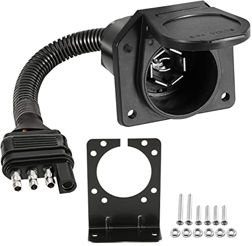 4 Way to 7 Way Trailer Adapter, Huazu 4-Way Flat to 7-Way Round Blade Trailer Light Adapter with Mounting Bracket for Towing Solutions