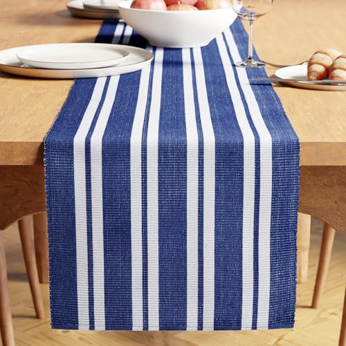 Encasa XO Runner da Tavola | Cotone a Coste Sottili Tinto in Filato | Dimensioni 32x200 cm | Franca Strisce Blu | Lavabile in Lavatrice
