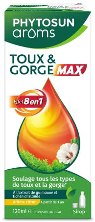 PHYTOSUN AROMS Sirop TOUX & GORGE MAX - Effet 8 en 1 - Toux sèche*, Toux grasse*, Mal de gorge - Action rapide et prolongée - 120 mL - À partir de 1 an
