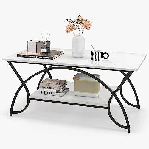 GIANTEX Mesa de Centro Rectangular de 2 Niveles, 100 x 45 x 50 cm, Mesa de Salón con Estante y Marco de Metal, Estilo Vintage, Patas Curvadas, Mesita Auxiliar para Oficina (Blanco+Negro)