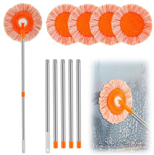 Trapeador de limpieza de pared, mopa de microfibra ajustable giratoria de 360° con 4 cabezales de repuesto, limpiador de polvo de pared redonda, trapeador limpiador seco y húmedo con mango largo de 74