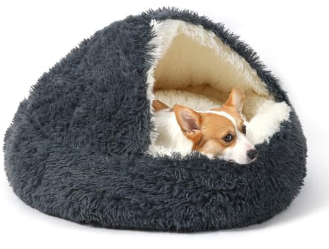 KITTYWOO Dog Bed Round Hooded Plush Cat Cave Self Warming Pet Bed Donut Anti Anxiety Fluffy Pet Bed for Puppy and Kitty