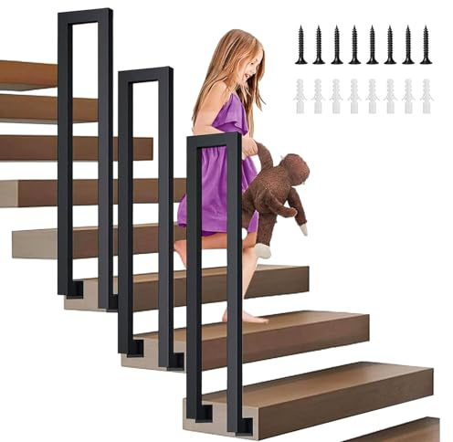 Barandilla Escalera, 35-110cm Pasamanos Escalera, Barandillas Escalera Forma de U, Barandilla Escalera Interior/Exterior para Villas, Balcones, Pasillos (Montaje lateral-Negro, 90cm)