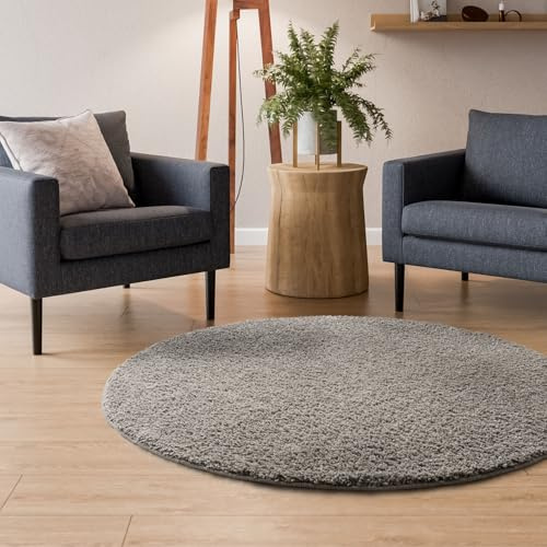 Interiyou Hochflor Teppich Sofia - 80x80 cm Rund Hellgrau - flauschig und einfarbig - waschbar und rutschfest - weicher Langflor