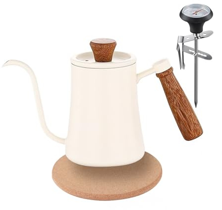 Gocoffun Hervidor de café con cuello de cisne de 550 ml, con termómetro, mango de madera anticalor, hervidor de té de acero inoxidable con boquilla larga y estrecha (blanco)