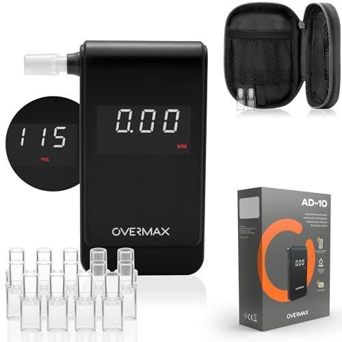Overmax AD-10 Etilometro, Misuratore Personale di Alcol, Misura di precisione +/- 0,05 ‰ / 0,005% BAC, 15 boccagli, Tempo di Risposta 5 Secondi Memoria di Misura, Calibrazione, Batterie 2 x AAA