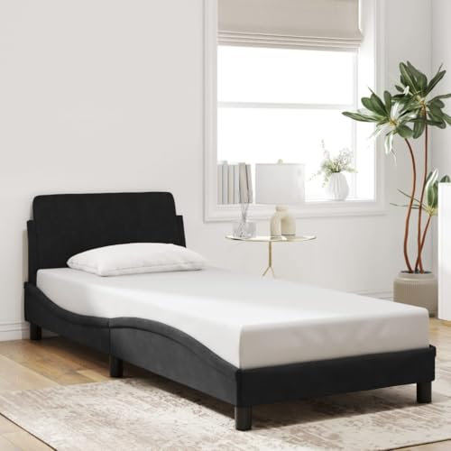 vidaXL Bed Frame with Headboard - Single, Black Velvet, 90x190 cm, Modern Design, Supportive Legs, Plywood Slats, Bedroom Furniture