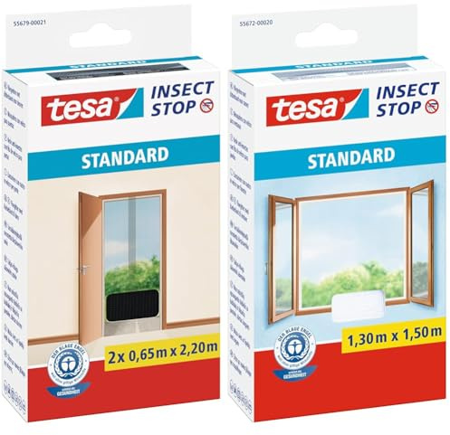 tesa Insect Stop STANDARD Fliegengitter für Türen & Insect Stop STANDARD Fliegengitter für Fenster - Insektenschutz zuschneidbar - Mückenschutz ohne Bohren - 1 x Fliegen Netz weiß - 130 cm x 150 cm
