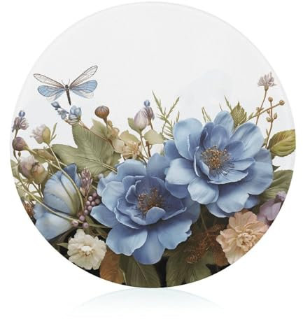 Schneideblock, blaue Blumen und Libellen, Glasschneidebretter, runde Schneidematte, tragbare Schneidematten für Küchenzubehör, leicht zu reinigen