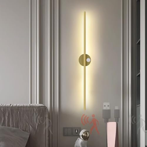 GZZBMY Wandleuchte LED mit Akku 360° Drehbare Wandlampe mit Bewegungsmelder USB Aufladbare Wandlicht Kabellos Warmes Licht Für Schlafzimmer Wohnzimmer Arbeitszimmer (kabellos 60cm,Gold)