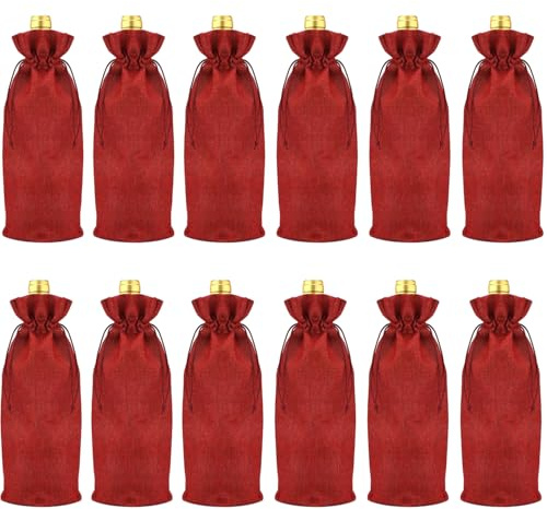 Bhina 12 Stück 15 x 35 cm Jute Weinbeutel Weintasche mit Kordelzug Sackleinen Weinflaschen Geschenktüten Weinflaschen Verpackung für Wein, Champagner, Party, Hochzeit, Weihnachtsgeschenke (Weinrot)