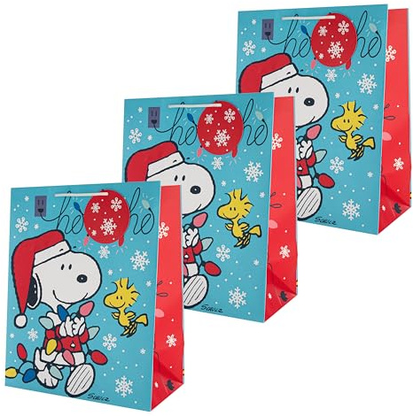Hallmark Stora presentpåsar för presenter, Snobben & Woodstock julklappspåsar, jordnötsserier, jul, paket med 2