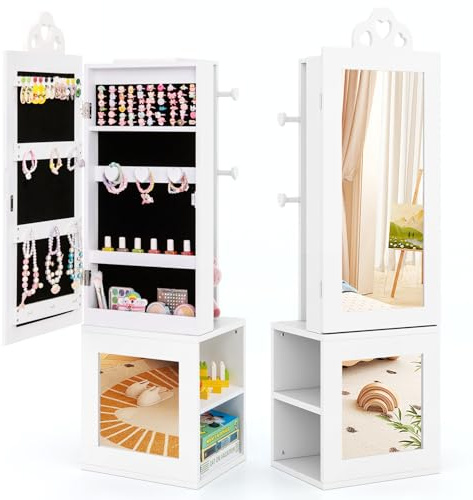 DREAMADE 4-in-1 Schmuckschrank mit Spiegel und Kleiderständer, Ablage für Kinderzimmer (Weiß), Freistehender Standspiegel für Kinder ab 3 Jahren