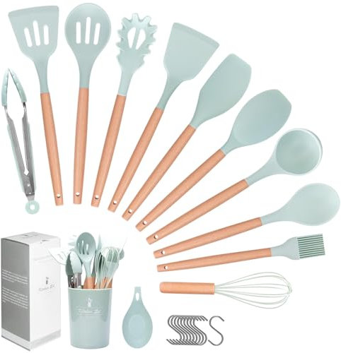 Hoewphofly Utensili Cucina Set, 23 Pezzi Set di Utensili da Cucina in Silicone con supporto, Antiaderenti, Lavabili in lavastoviglie, Design resistente al calore (Verde Chiaro)