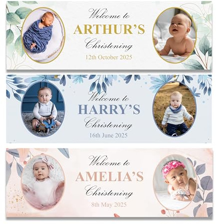 Personalised Photo Christening Banner, Christening Decorations, Christening Bunting, Baptism Banners Custom