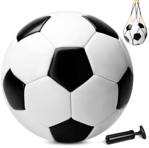 INPODAK Größe 4 Fußball,Schwarz-Weißer Fußball mit Handpumpe,Fußbälle für Kinder ab 8 Jahren,Fußbälle für das Jugendtraining, Outdoor-Bälle für den Garten, Rasen und Spielplatz
