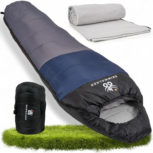 SKINWALKER Schlafsack 3-4 Jahreszeiten mit [abnehmbaren Innenfleece] [Kleines Packmaß & Ultraleicht -1600g] Winter & Sommer Schlafsack, Mumienschlafsack Outdoor für Camping & Wandern (blau-grau)