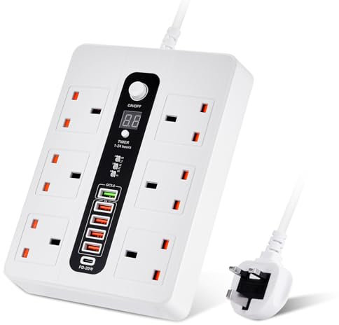 BOCHLION Extension Lead with 6 USB Slots (PD20W/QC3.0), Power Strip Surge Protector with 6 Way Plug Extension Socket, Multi Plug Adapter with 2M Extension Cord for Home, Office-White