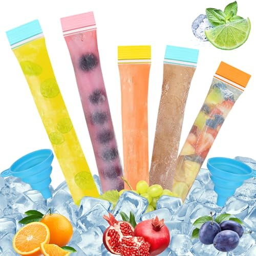 250 Stück Wassereis Tüten Transparent Eis am Stiel Taschen wassereis Formen 2 Silikontrichter Wassereistüten Wassereis Selber Machen DIY-Eis am Stiel für Joghurt Saft und Smoothies(28 X 4.5cm)