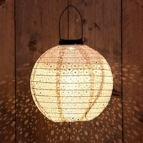 LED Solar Textil Lampion rund creme - 25 cm - Garten Deko Beleuchtung warm weiß - Solarleuchte Laterne Leuchtkugel Dekoleuchte Partylicht für Außen wetterfest