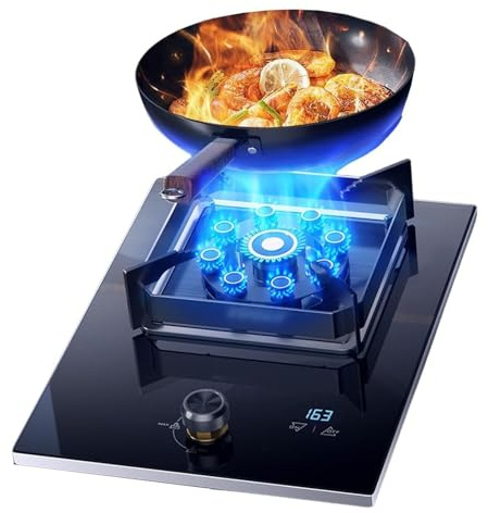 THEGA 5.2KW Gas Cooker - Single Burner Propane Gas Cooktop, Tempered Glass Gas Stove, Desktop and Recessed Installation Camping Cooktop, for Home Kitchen Motor Home Camp(LPG)